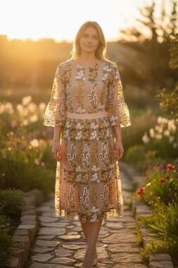 Olive + Ave Floral Embroidered Mesh Midi Dress with Bell Sleeves